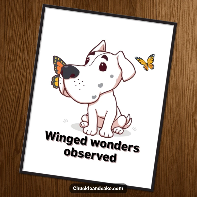 Funny Grand Dane digital art print of a dog looking with gentle curiosity at a delicate butterfly fluttering past.