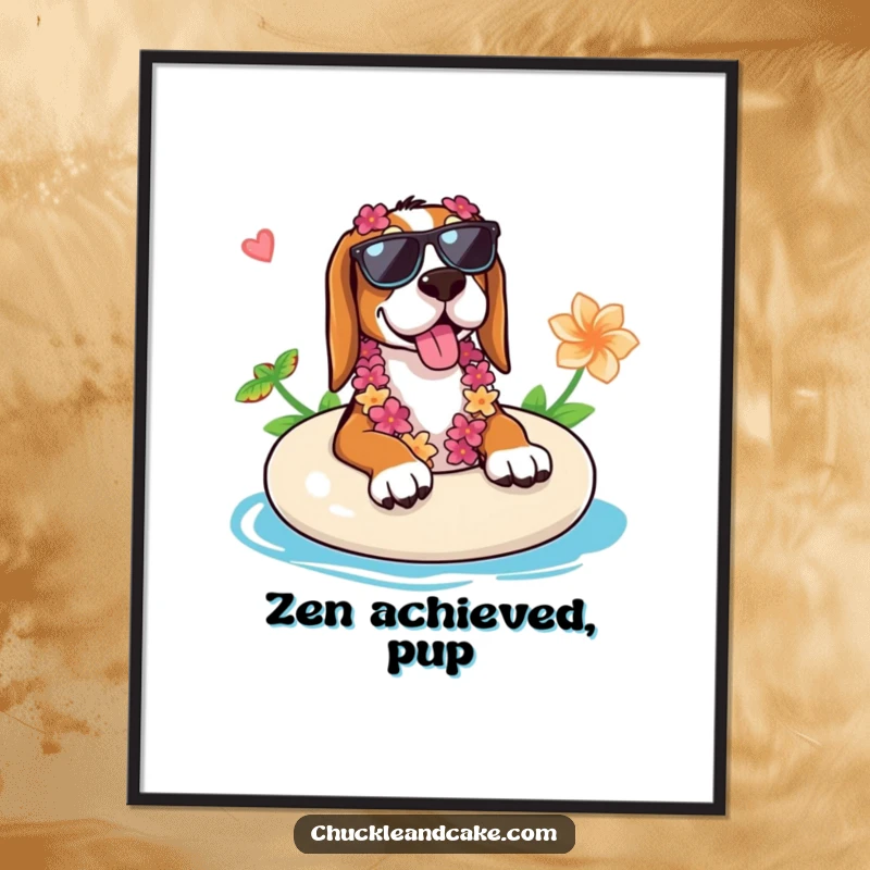 Funny Basset Hound digital art print of a Basset Hound in sunglasses and lei relaxing on a float, radiating pure vacation happiness.