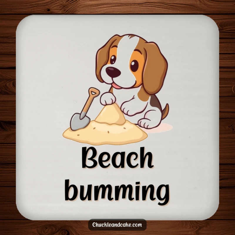 Funny Basset Hound coaster depicting a Basset Hound using a tiny shovel to build a sandcastle, a charming addition to any home.