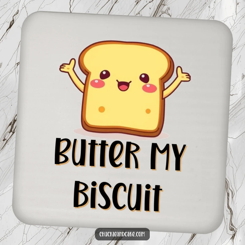 Funny drink coaster with a piece of bread with arms flailing excitedly, protecting surfaces with a dose of happiness.