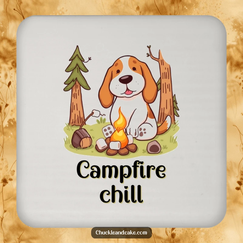 Funny Basset Hound Campfire Coaster featuring a dog toasting marshmallows, protecting surfaces with charming outdoor humor.