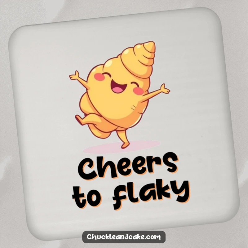 Funny croissant drink coaster showing a dynamic cartwheel from a laughing croissant, protecting your furniture with a dash of pastry-themed fun.