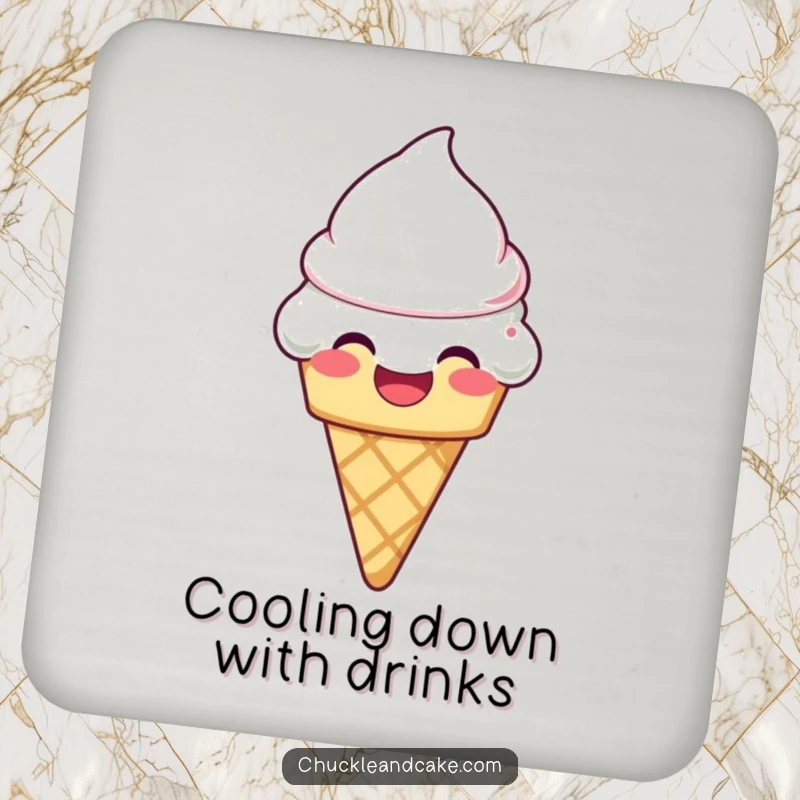 Funny laughing ice cream cone with frosting melting slightly on a drink coaster, adding sweet charm.
