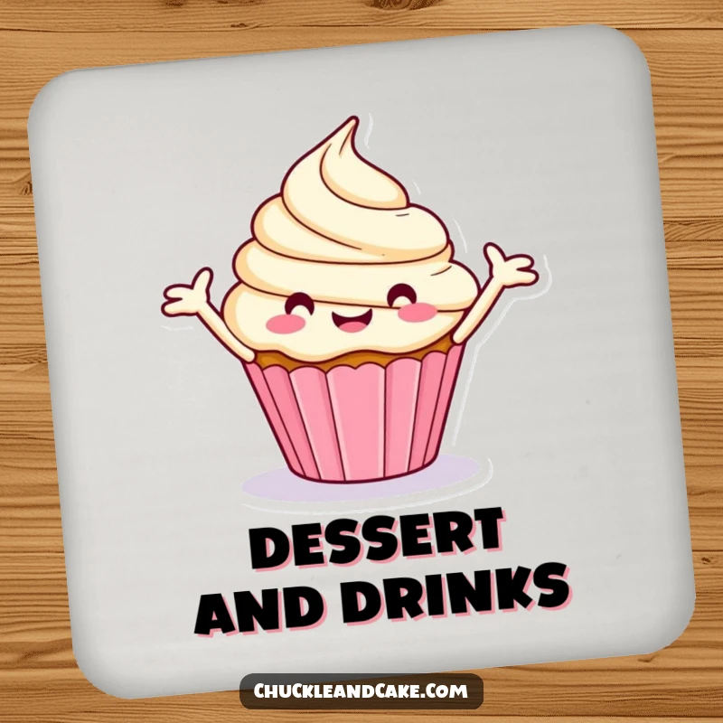 Funny drink coaster featuring a happy, stylized cupcake spinning merrily with outstretched frosting arms.