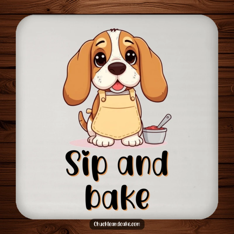 Funny Basset Hound coaster, showcasing a droopy-eared dog in an apron, humorously baking, protecting surfaces with style.