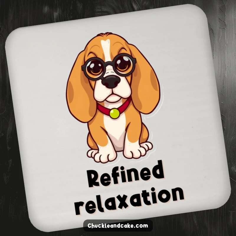 Funny Basset Hound coaster set, droopy-eared dog wearing a monocle, humorously regal, perfect for elegant table protection.