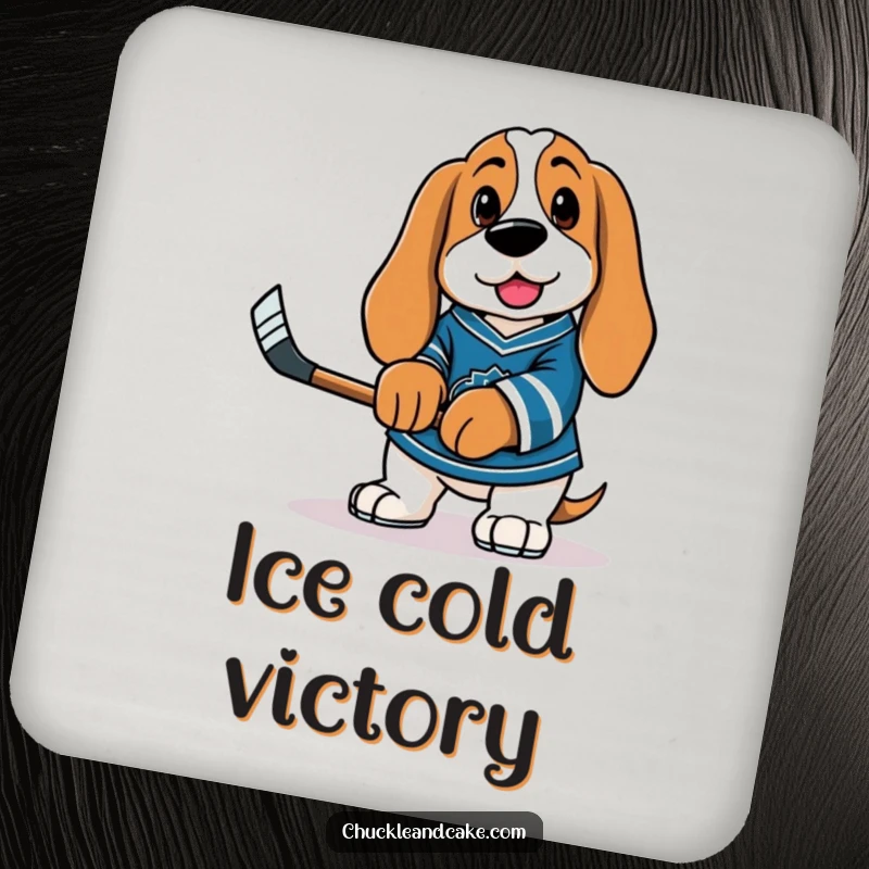 Funny Basset Hound in a hockey jersey, holding a tiny stick, protecting surfaces on decorative drink coasters.