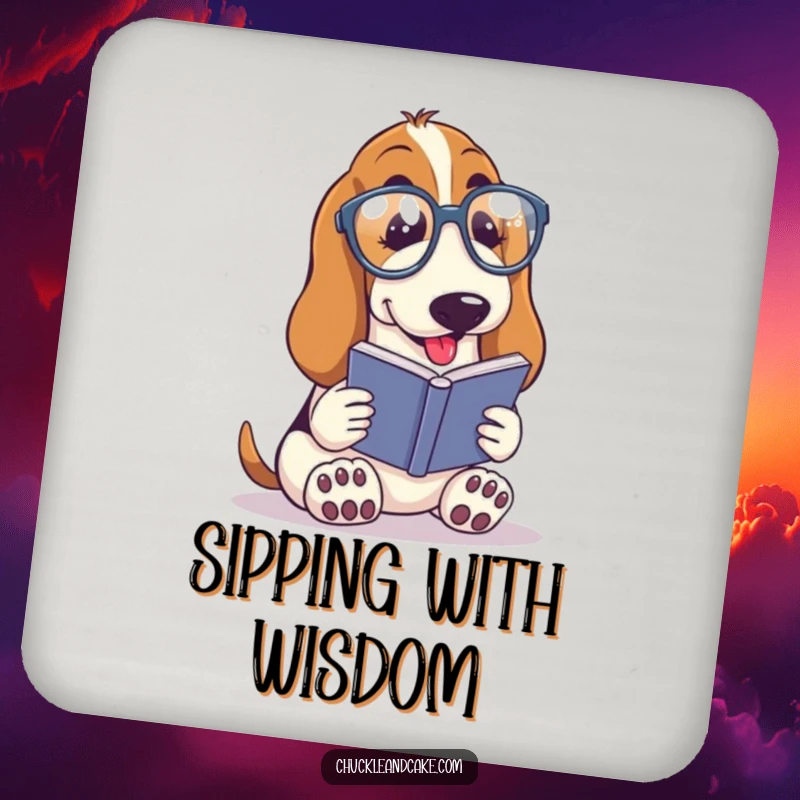 Funny Basset Hound with droopy ears wearing spectacles, reading a tiny book, intellectual dog coasters, humorous bookworm accent, practical funny gift.