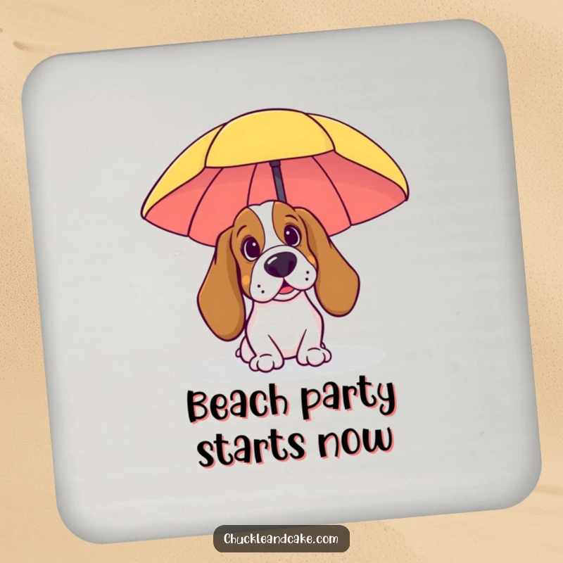 Funny Basset Hound Coaster: A Basset Hound peeking from behind a beach umbrella, bringing beachy humor and surface protection.