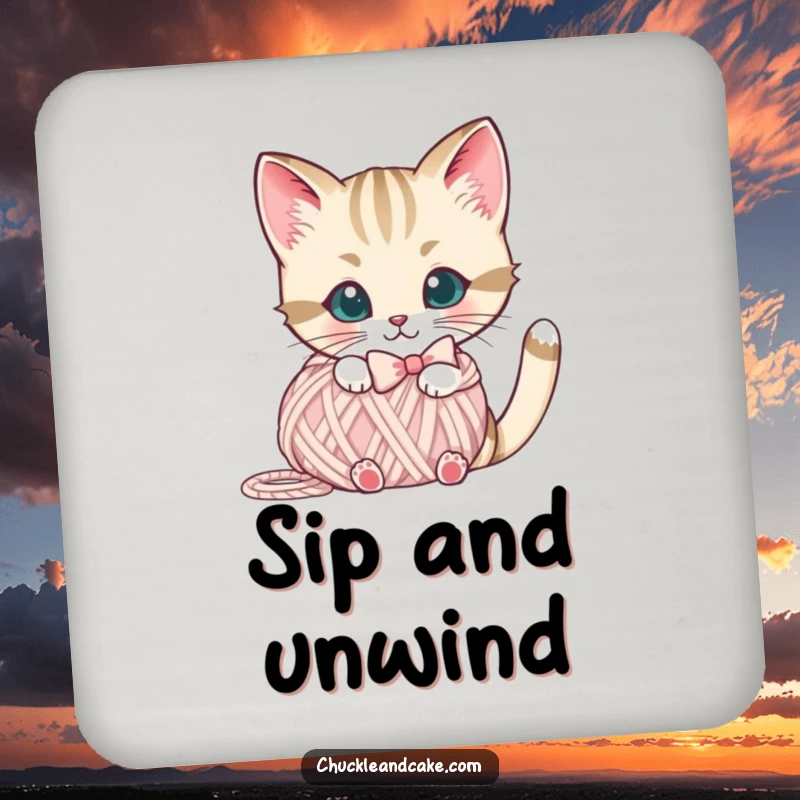 Funny Bobtail cat coaster set featuring a cute cat with a bow peeking from behind a yarn ball, protecting tabletops.