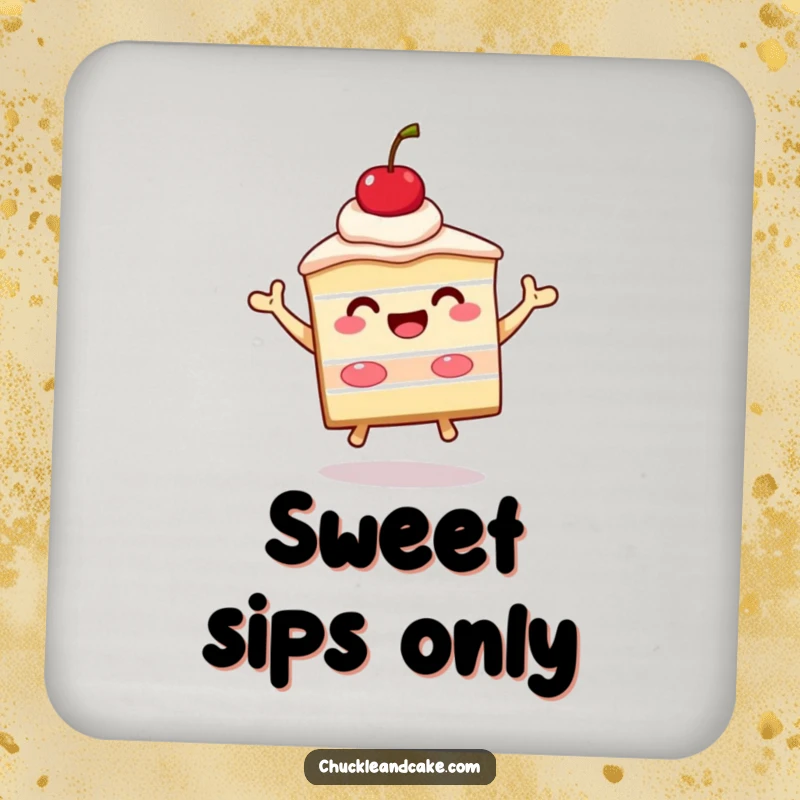 Funny slice of cake with a cherry on top beaming and jumping, a drink coaster featuring a celebratory dessert character for table protection.