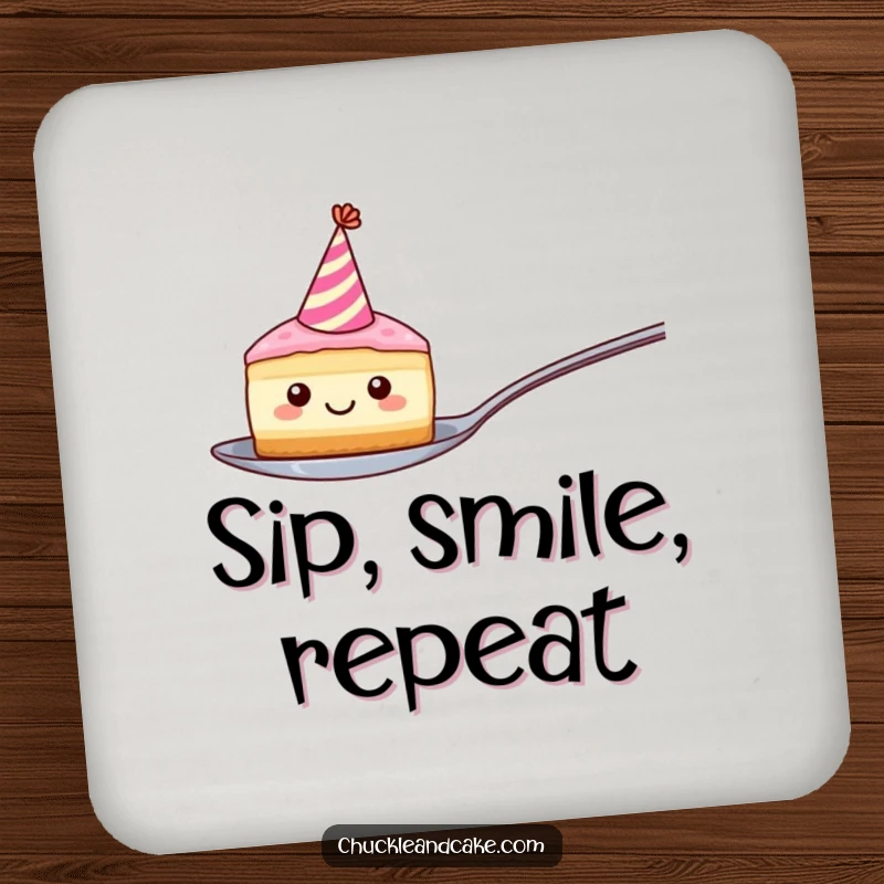 Funny drink coaster showcasing a smiling cake slice with a party hat, humorously balanced on a spoon, protecting surfaces with style.