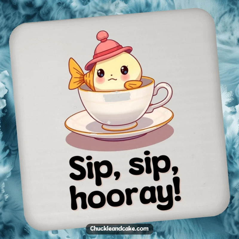 Funny bewildered fish wearing a hat floating in a teacup on a drink coaster, perfect for humorous and whimsical table protection.