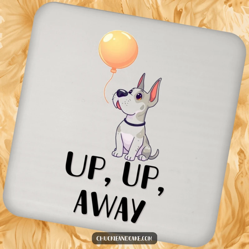 Funny Grand Dane coaster showing a dog looking up with sweet wonder at a floating balloon, protecting your surfaces.