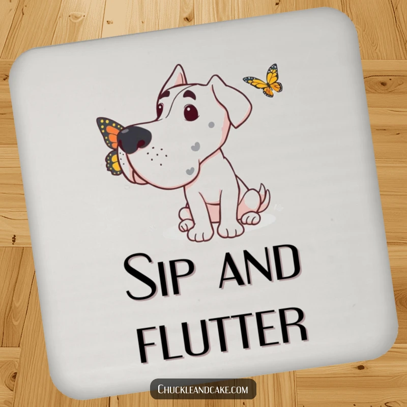 Funny Grand Dane coaster showing a dog looking with gentle curiosity at a small, fluttering butterfly.