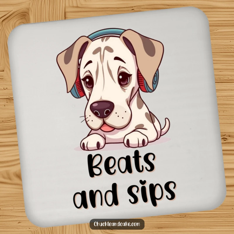 Funny Grand Dane coaster showing a dog wearing ear warmers, looking like it's enjoying music.
