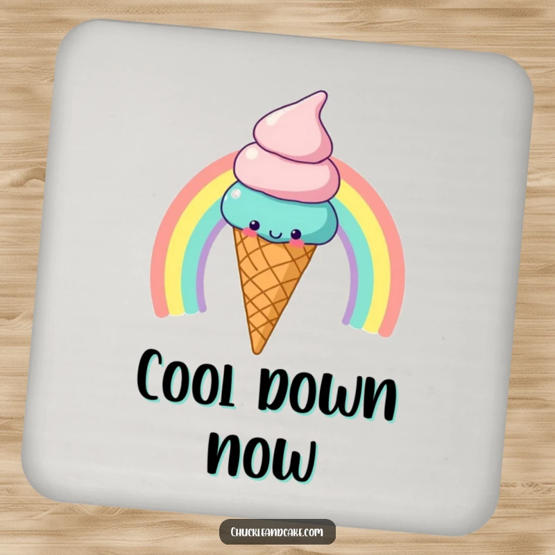 Funny Coaster: A cheerful ice cream cone slides down a rainbow, bringing sweet cheer to tabletops.