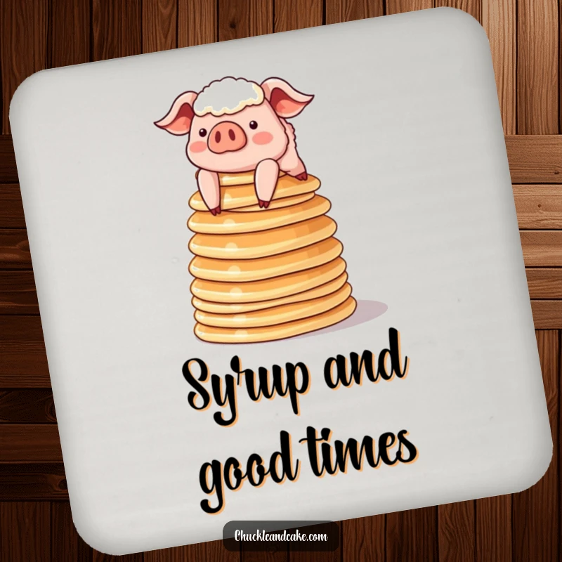 Funny sheepish pig balancing a tower of pancakes on a drink coaster, perfect for humorous and adorable table protection.