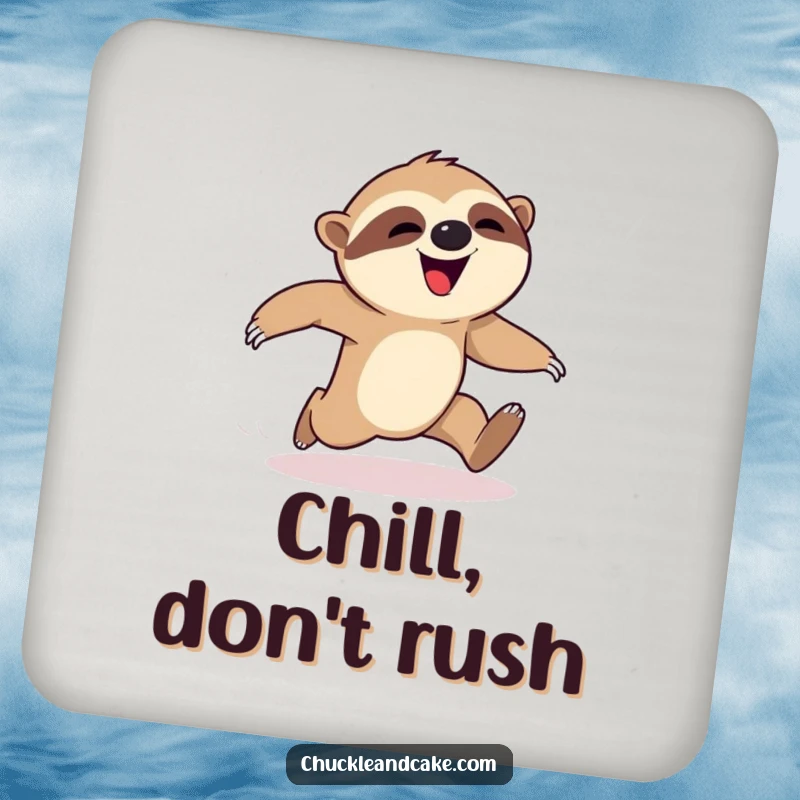 Funny sloth coaster, protective pad with a happy sloth falling during a race, cute tabletop accessory, humor, ideal funny gift.