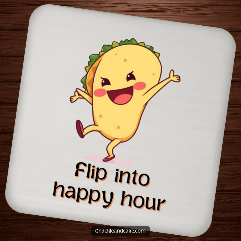 Funny drink coaster with a grinning taco performing a cartwheel, providing a humorous and protective surface for beverages.