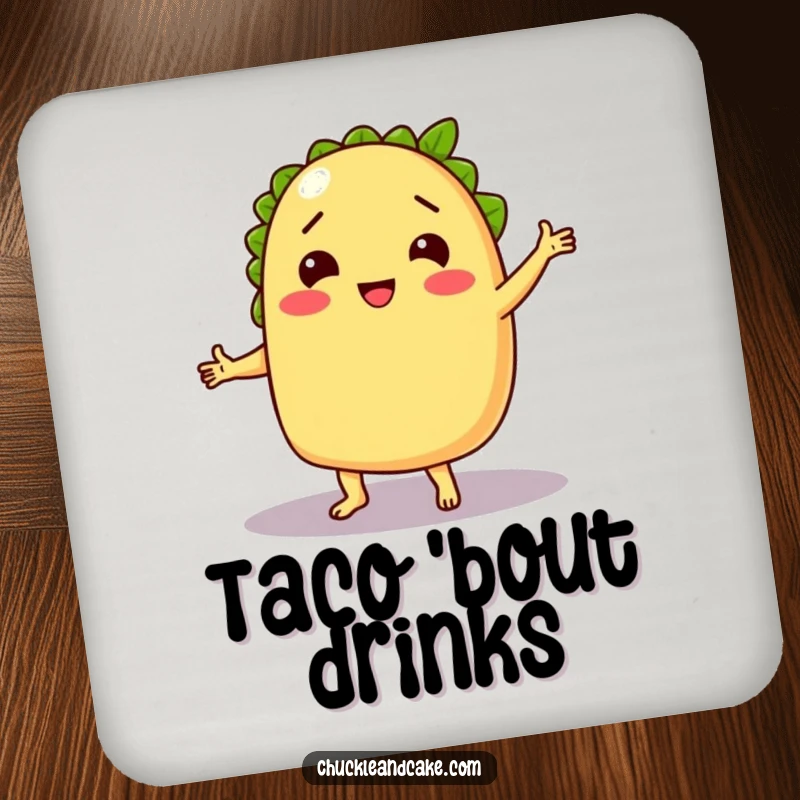 Funny drink coaster showcasing a chuckling taco dancing with a lime, perfect for adding festive humor to drink surfaces.