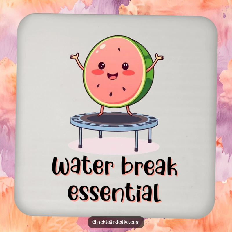 Funny watermelon drink coaster showing a merry slice of watermelon bouncing on a trampoline, adding summer delight and protecting surfaces.