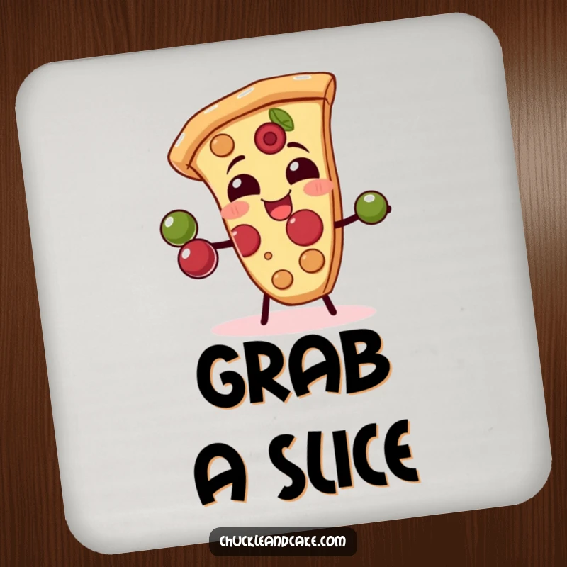 Funny drink coaster showcasing a giggling pizza slice juggling olives, perfect for adding humor to drink surfaces.