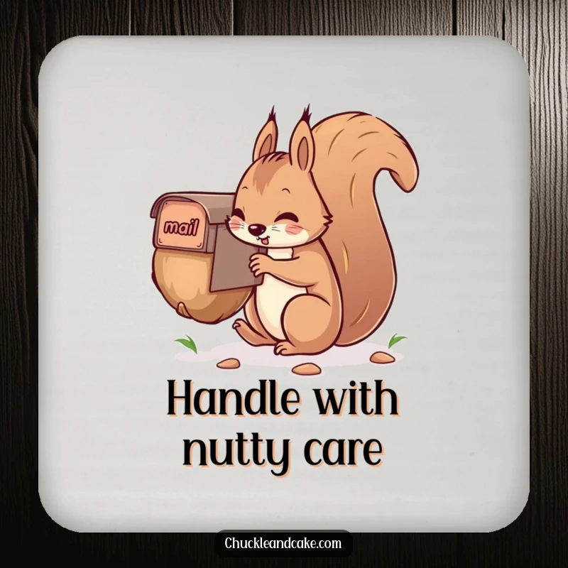 Funny squirrel drink coasters, comically mailing a giant nut, offering humorous surface protection.