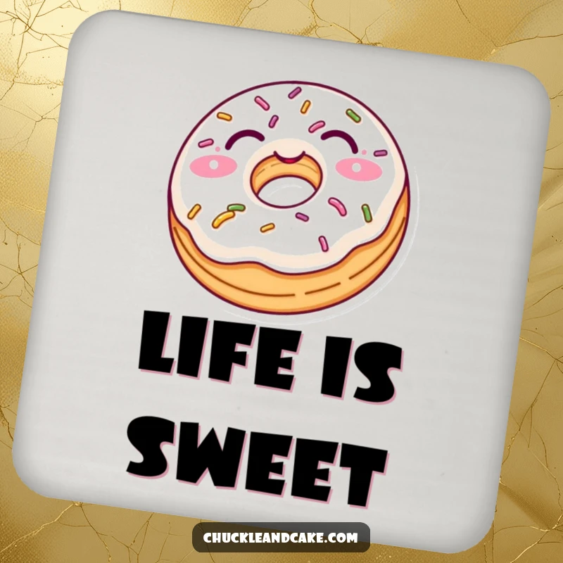 Funny drink coaster featuring a delighted donut with sprinkles playfully winking, adding sweet humor to any surface.