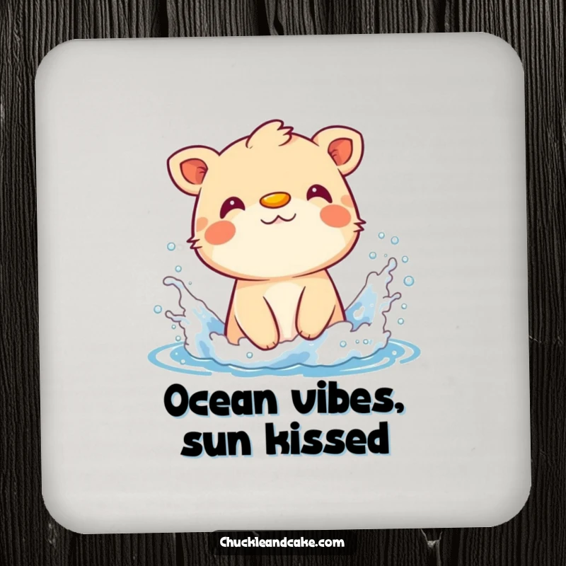 Funny drink coaster art of an animal with sunscreen on its nose, splashing in ocean waves.