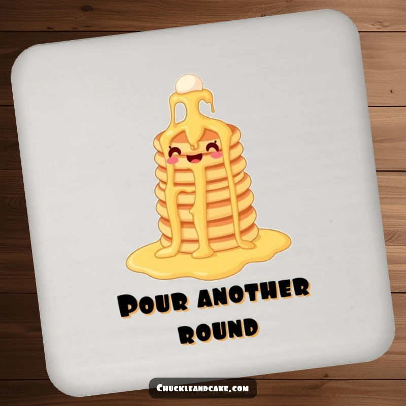 Funny pancake drink coaster showing a stack of pancakes cascading down a syrup waterfall, adding breakfast delight and preventing spills.