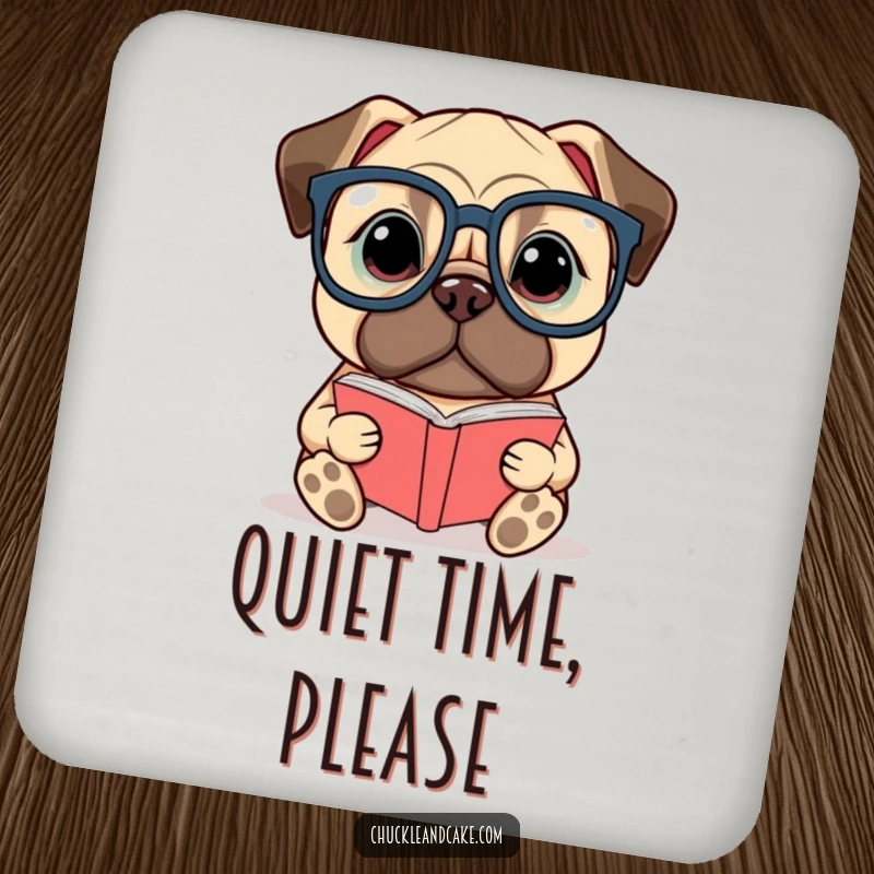 Funny Bullmastiff drink coaster featuring a dog wearing glasses and reading a small book, protecting surfaces with literary humor.