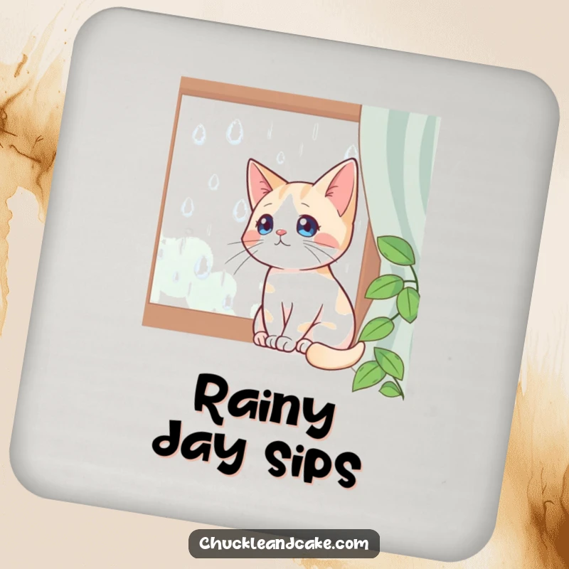 Funny coaster featuring a Bobtail cat sitting by a window, watching raindrops, adding a touch of calm to drink service.