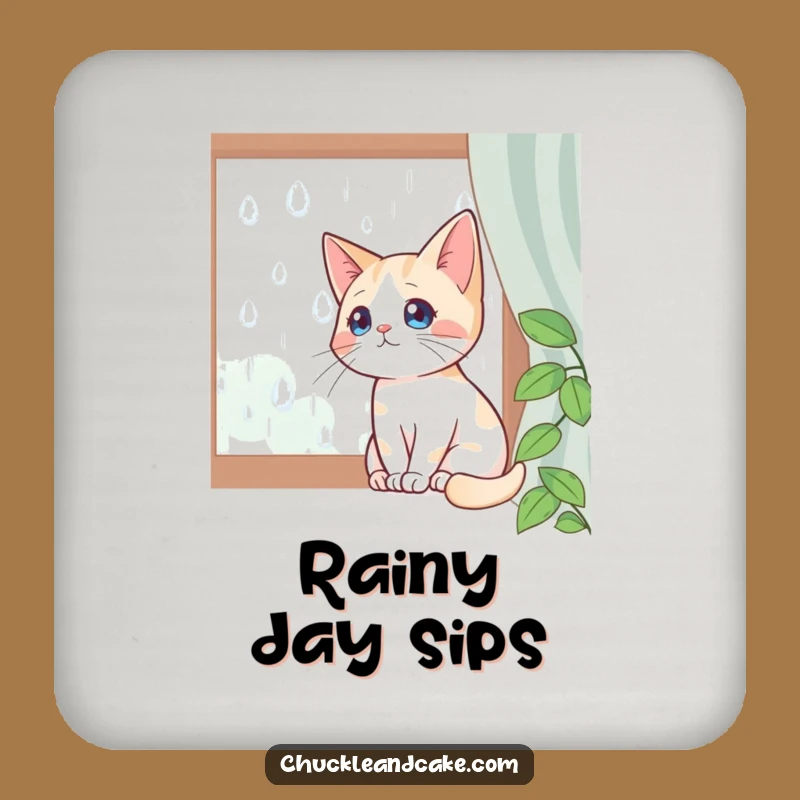 Funny Bobtail Cat Drink Coaster: Rainy Day Window Watcher