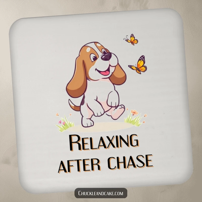 Funny Basset Hound with droopy ears chasing a butterfly, humorous dog coasters, droopy ears accent, practical and funny gift.