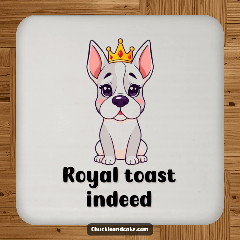 Funny Grand Dane coaster depicting a dog wearing a small crown, looking regal and hilariously important.