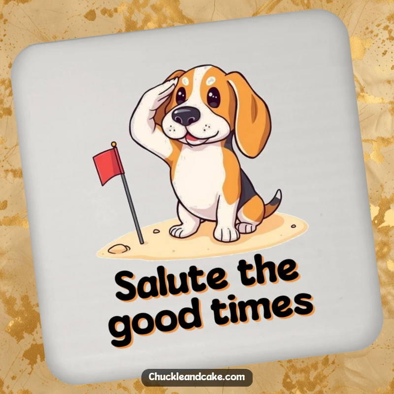 Funny Basset Hound saluting with a small flag on the sand, looking patriotic, on protective drink coasters.