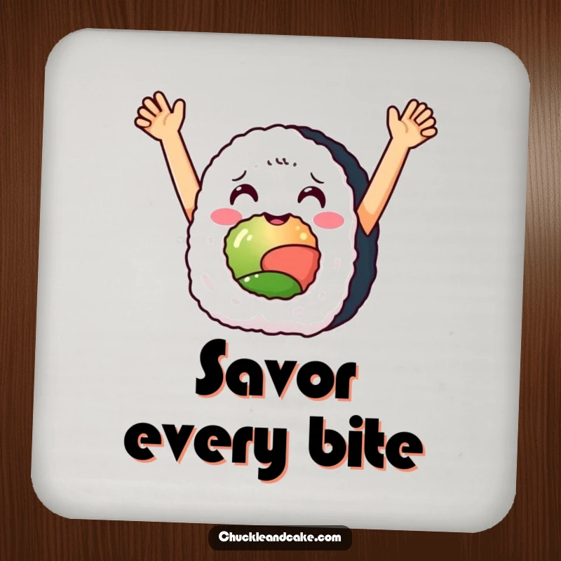 Funny drink coaster of a delighted sushi roll with arms raised in celebration, adding a festive touch to any surface.