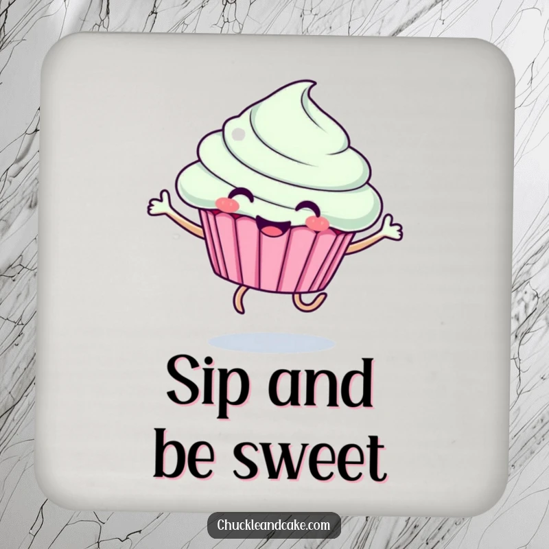 Funny drink coaster with a smiling cupcake with legs joyfully jumping, protecting surfaces with a dose of happiness.