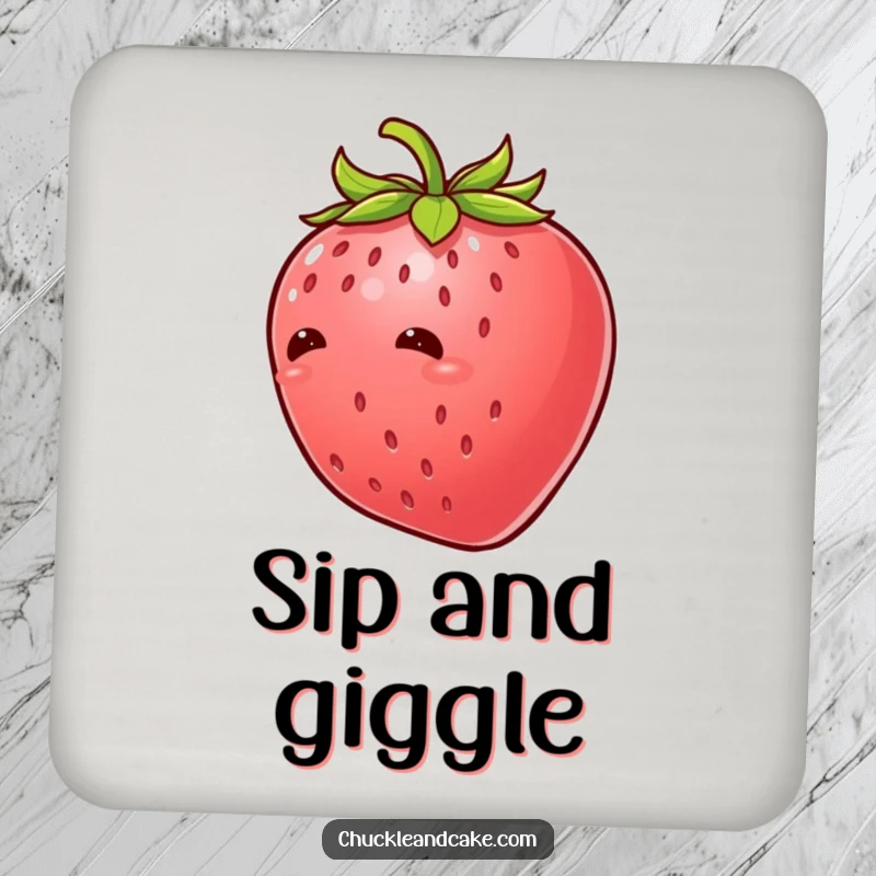 Funny strawberry with leaves giggling uncontrollably, a drink coaster featuring a tickled fruit character, adding humor to table settings.