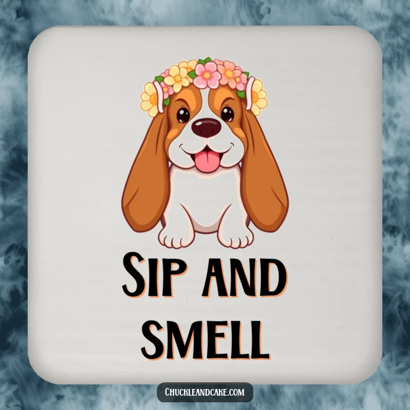 Funny Basset Hound Drink Coasters with droopy ears, wearing a flower crown, smiling, perfect for humorous surface protection.