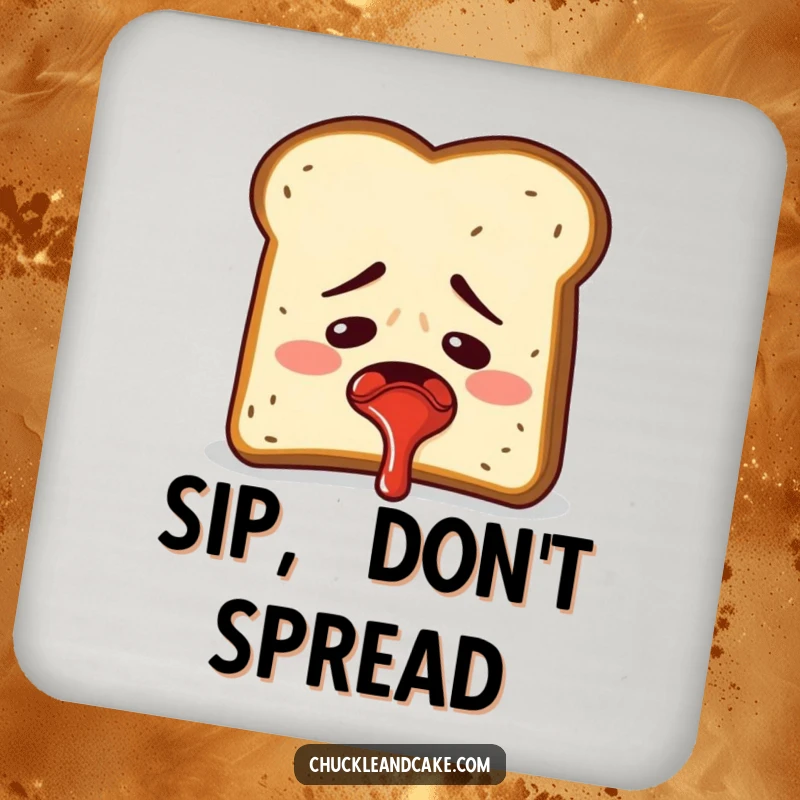 Funny embarrassed slice of toast accidentally spraying jam, humorous drink coaster.