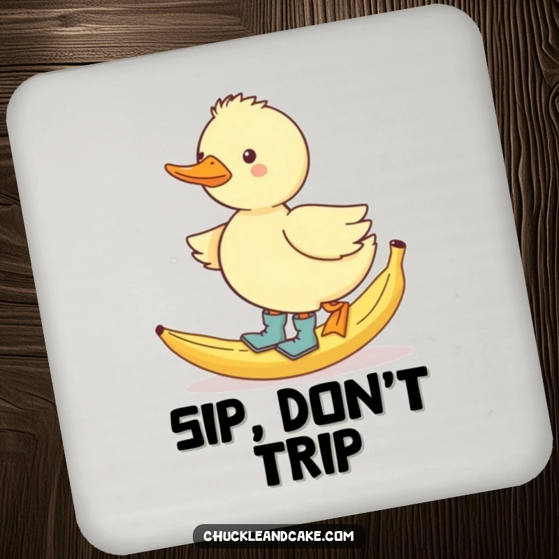 Funny waddling duck in boots, slipping on a banana peel, humorous drink coaster.