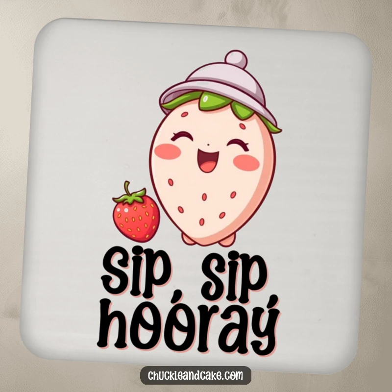 Funny strawberry drink coaster showing a giggling strawberry wearing a tiny hat, adding fruity delight and protecting surfaces.