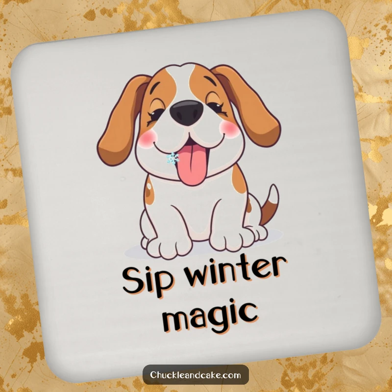 Funny Basset Hound coaster with a happy dog catching a snowflake on its tongue, perfect for protecting tables.