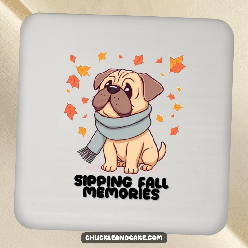 Funny drink coaster with a Bullmastiff dog in a scarf, looking at falling leaves, protecting surfaces with fall flair.