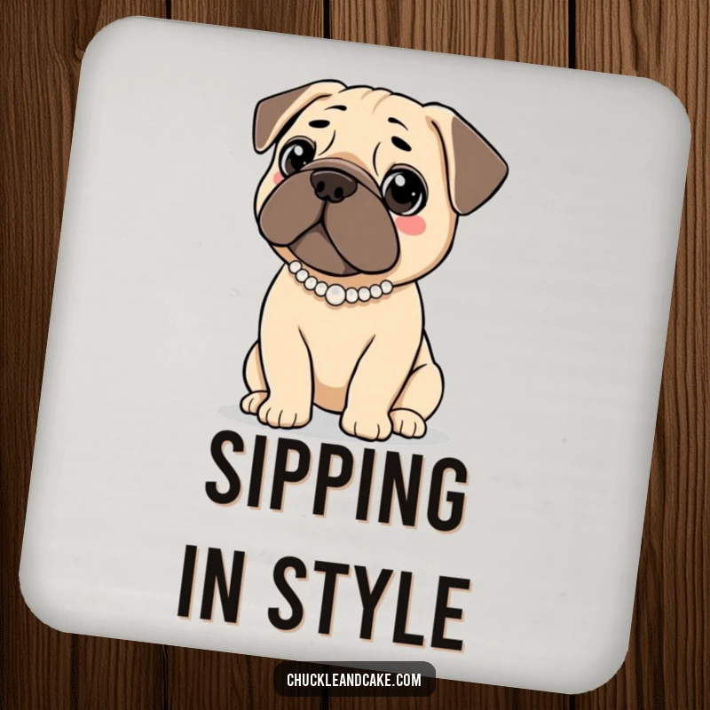 Funny drink coaster with a Bullmastiff dog wearing a pearl necklace, looking elegantly poised, protecting surfaces with style.