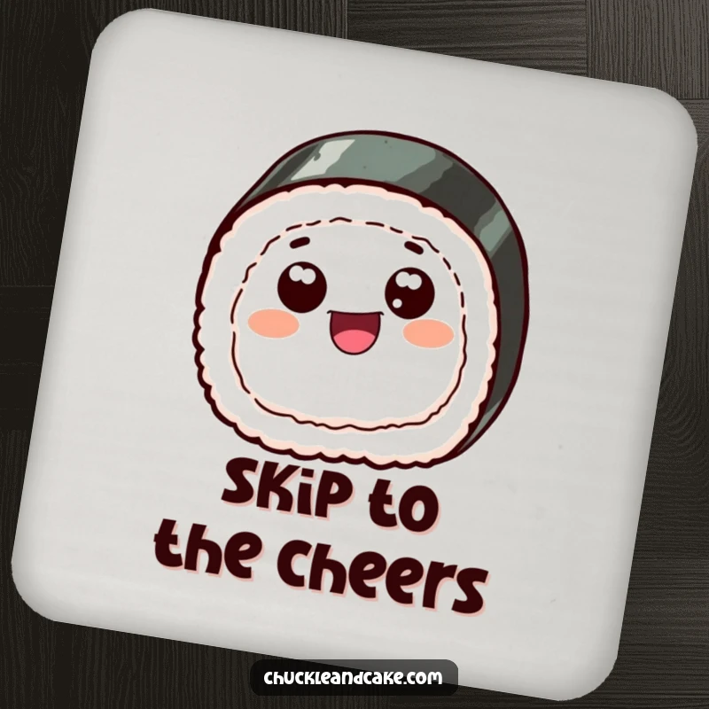 Funny drink coaster with a cheerful sushi slice and googly eyes, skipping joyfully, providing a humorous and protective surface.