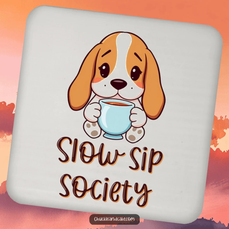 Funny Basset Hound Drink Coasters with droopy ears, holding tea, perfect for humorous surface protection.
