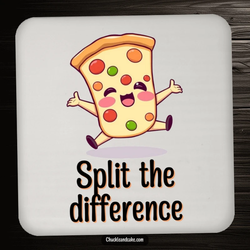 Funny drink coaster with a giggling pizza slice in a clumsy split, providing a humorous and protective surface for beverages.